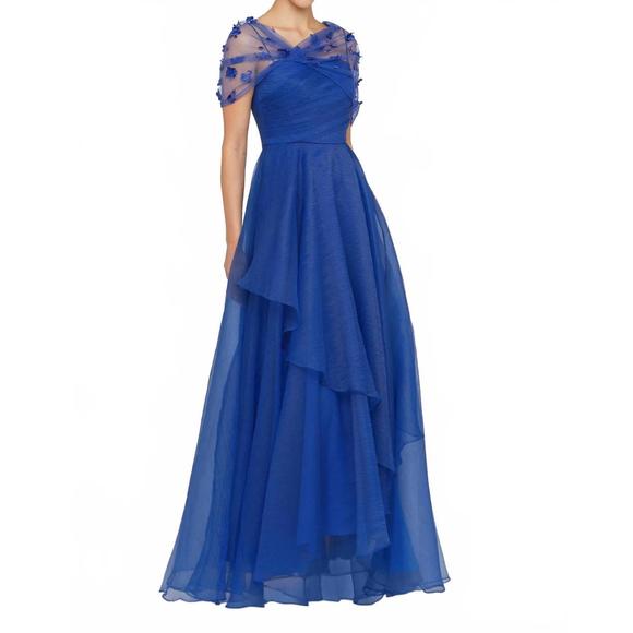 NEW THEIA atlas shawl draped gown in sapphire - Picture 4 of 4